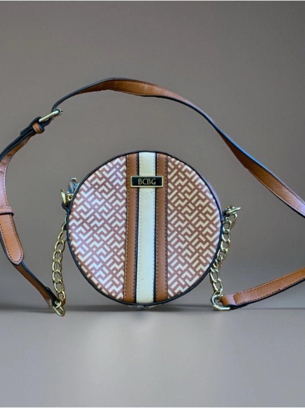 BCBGMaxAzria Monogram Tan & Brown Round Crossbody Bag streetwear designer boho